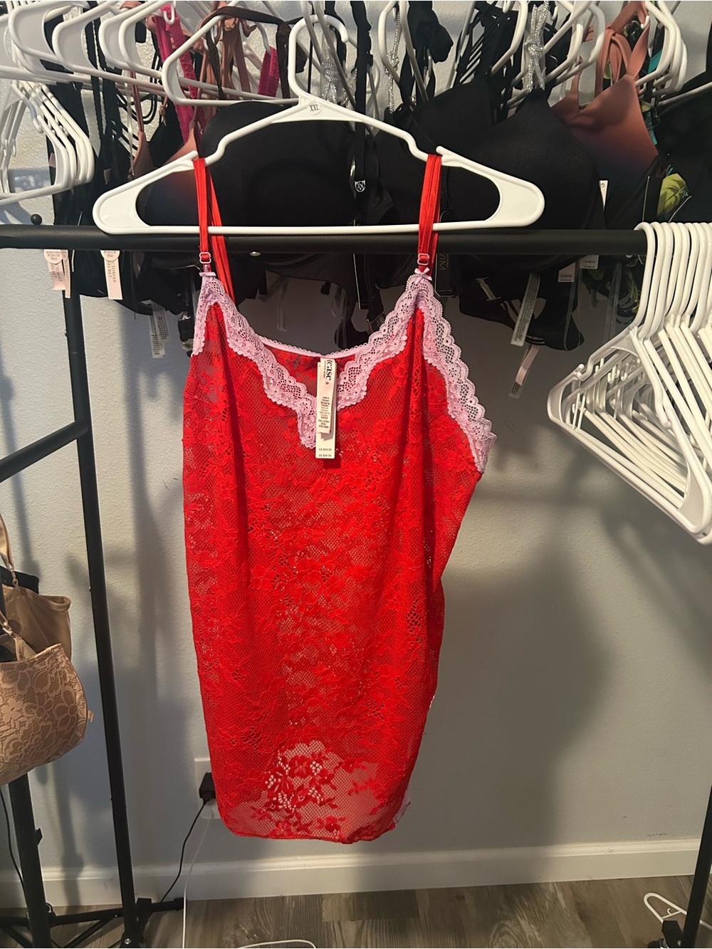 Victoria's Secret Red Lace Chemise with Pink Lace Trim